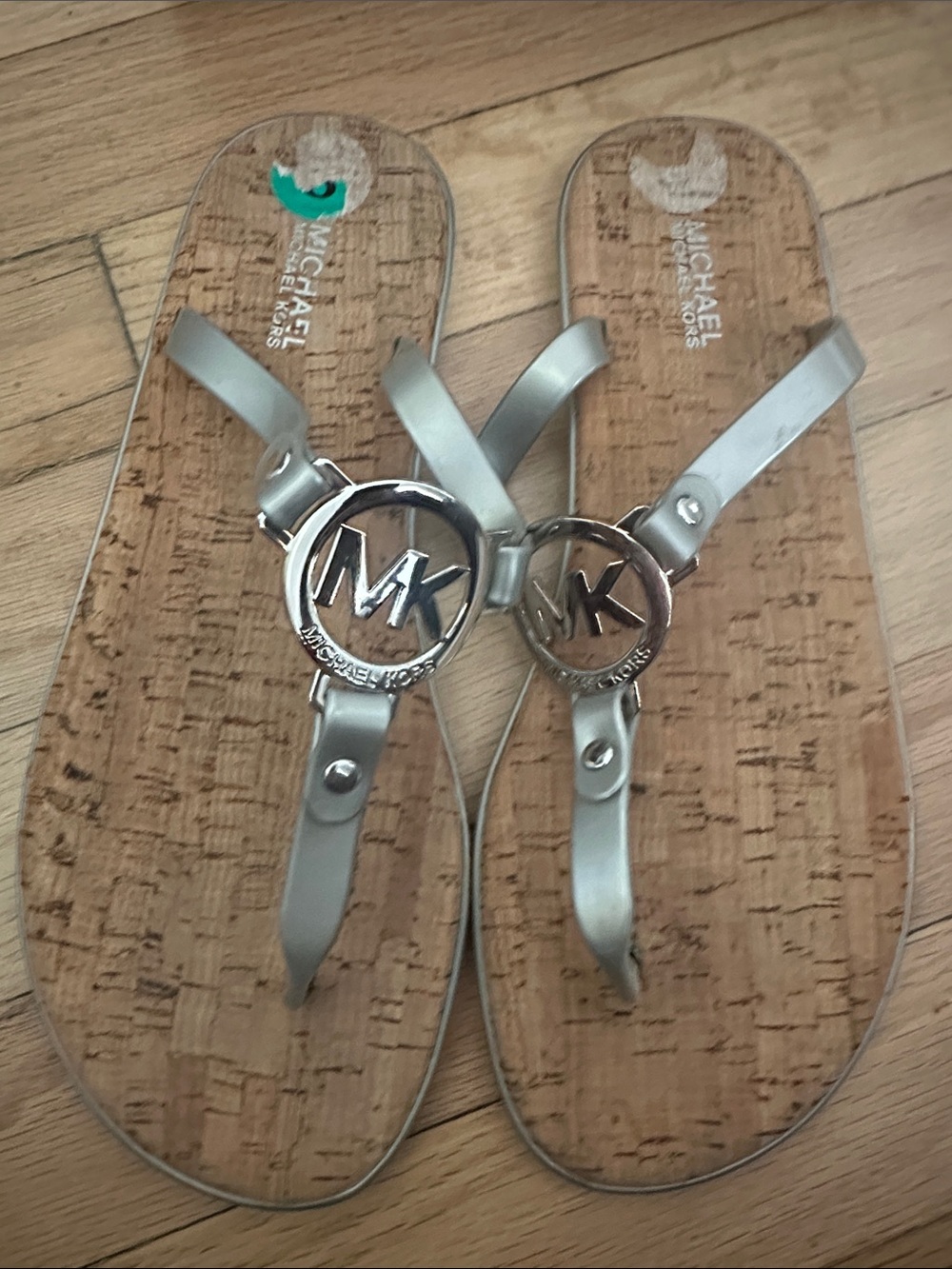 Michael Kors size 8 Silver Logo Thong Sandals with Cork-Look Footbed